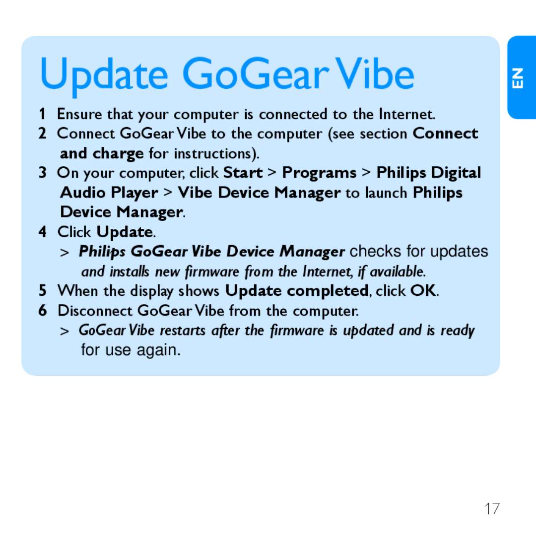 Philips SA1VBE04, SA1VBE02, SA1VBE16, SA1VBE08 quick start Update GoGear Vibe, 444Click Update 