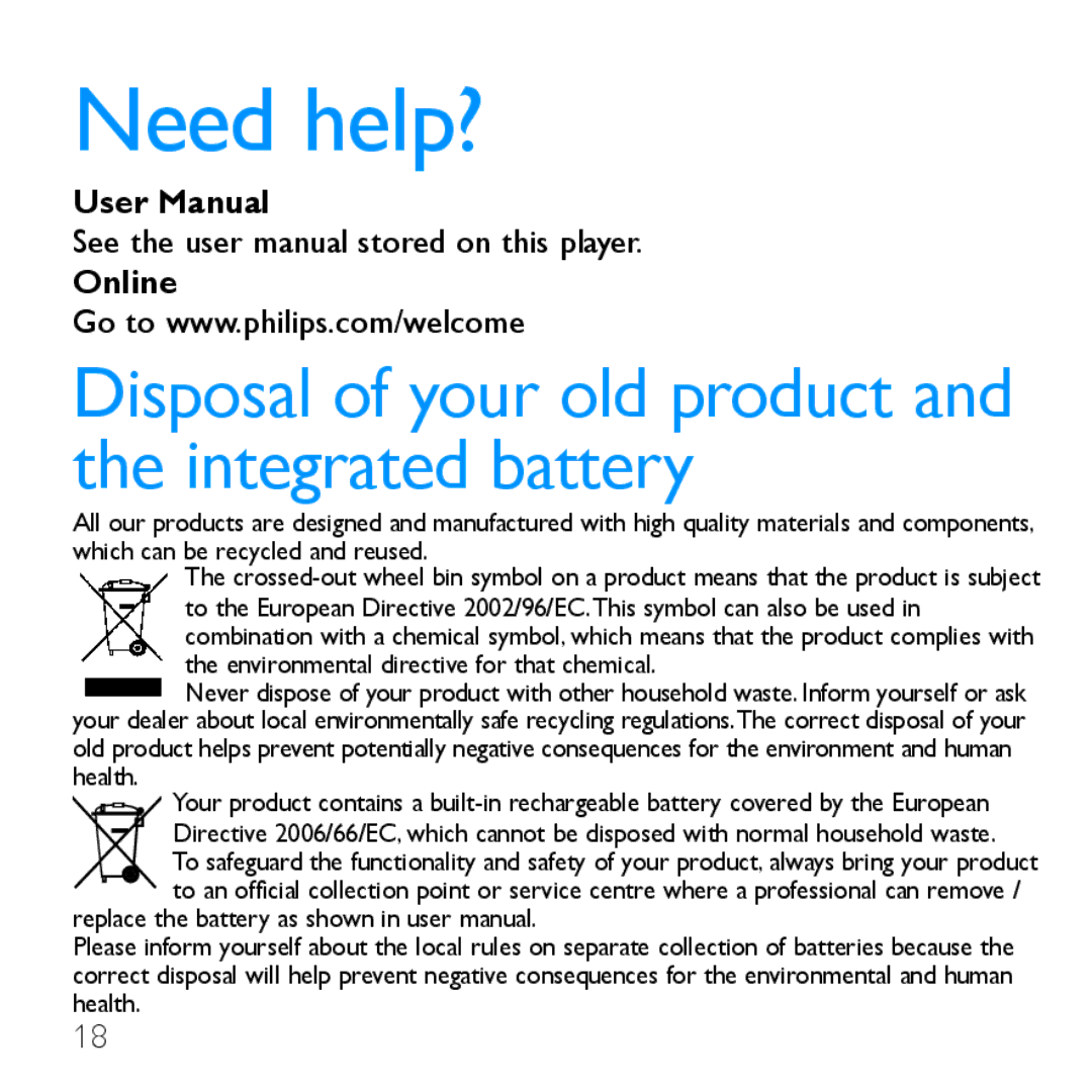 Philips SA1VBE02, SA1VBE16, SA1VBE08, SA1VBE04 quick start Need help?, Disposal of your old product and the integrated battery 