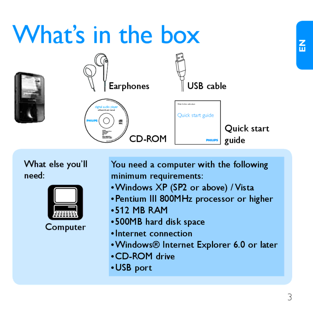 Philips SA1VBE16, SA1VBE02, SA1VBE08, SA1VBE04 quick start What’s in the box 