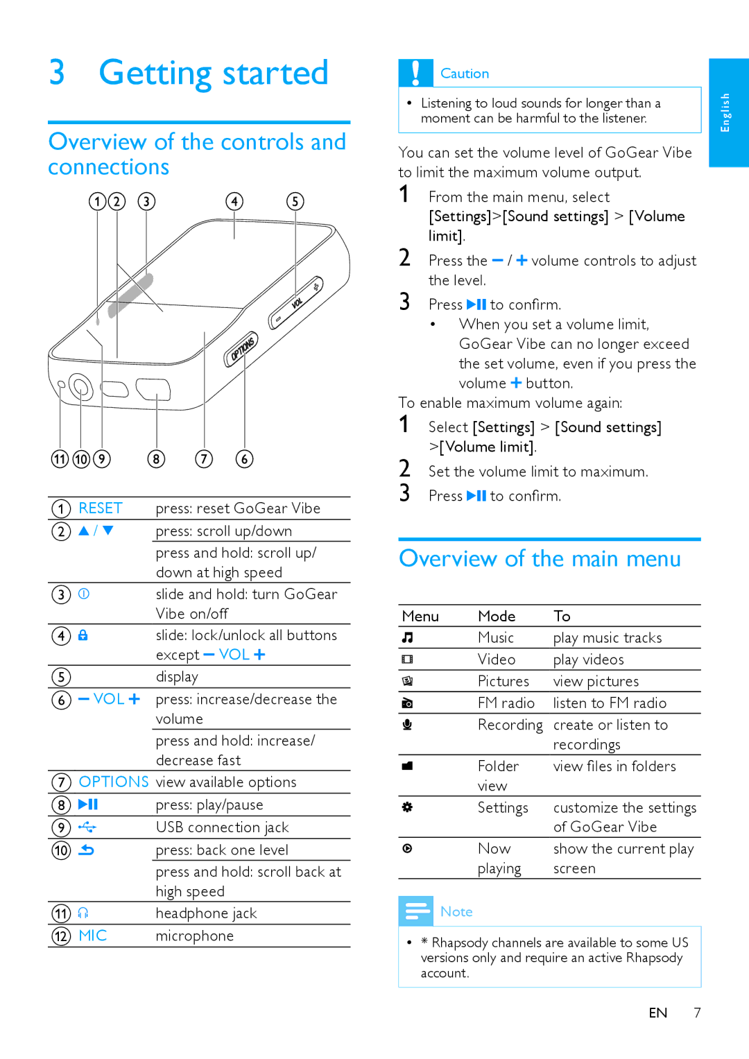 Philips SA1VBE02, SA1VBE16, SA1VBE08 Getting started, Overview of the controls and connections, Overview of the main menu 