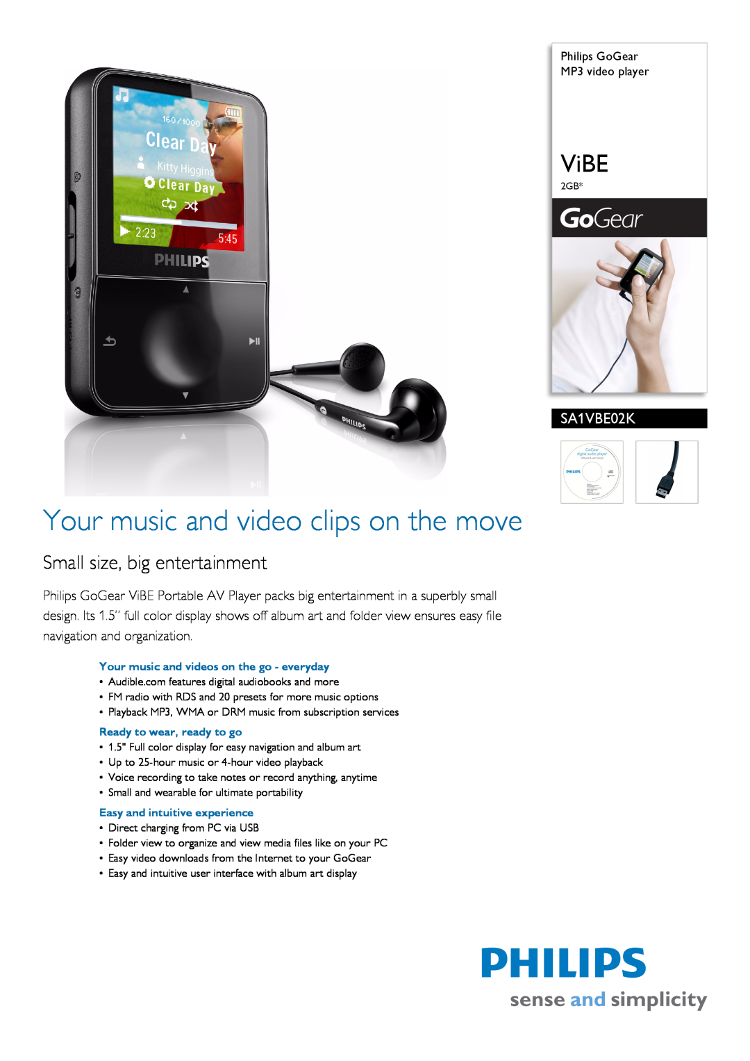 Philips SA1VBE02K/97 manual Philips GoGear MP3 video player, Your music and video clips on the move, ViBE 