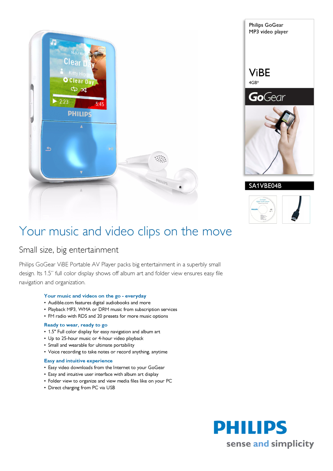 Philips SA1VBE04B/97 manual Your music and videos on the go everyday, Ready to wear, ready to go 