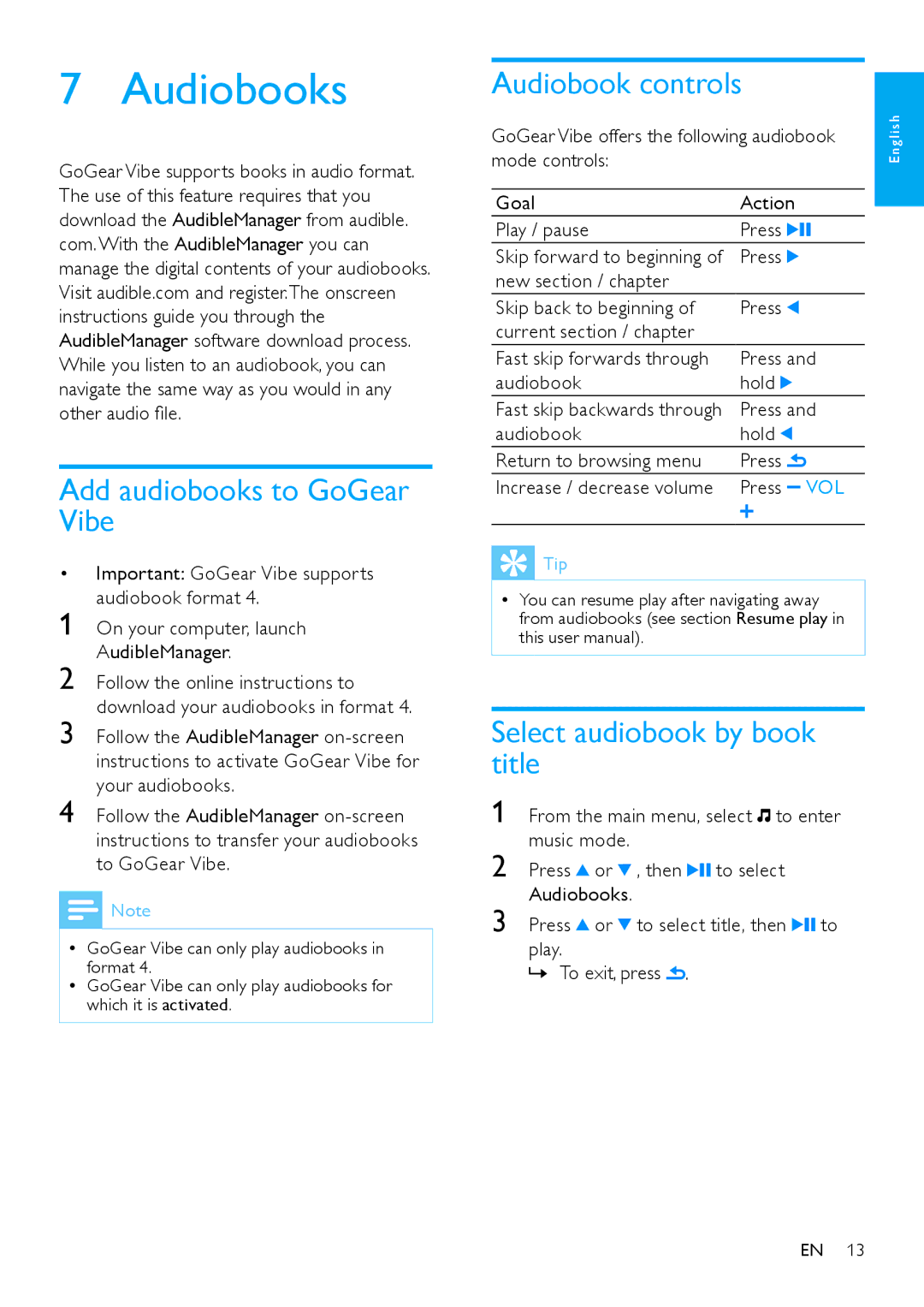 Philips SA1VBE04K user manual Audiobooks, Add audiobooks to GoGear Vibe, Audiobook controls, Select audiobook by book title 