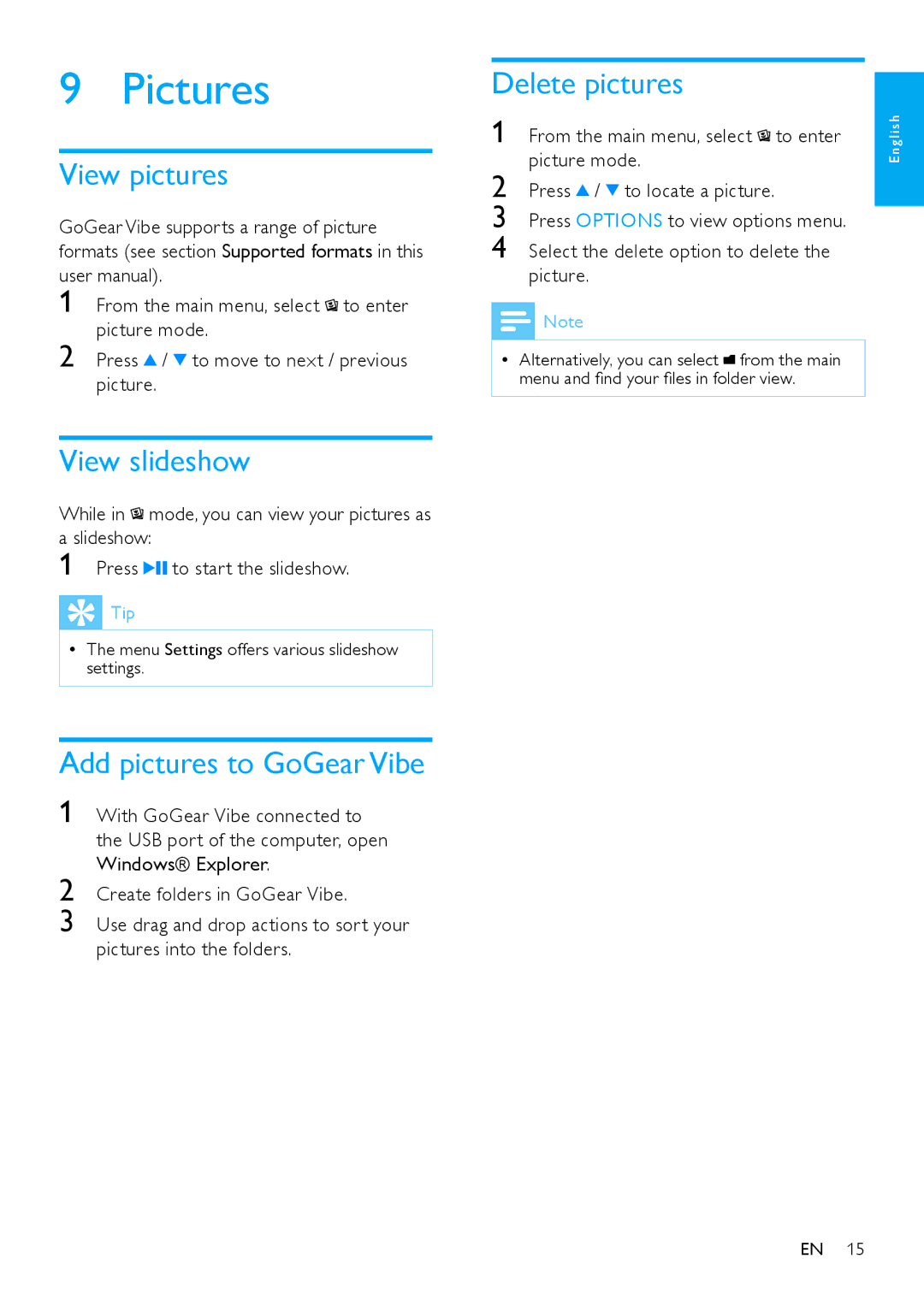 Philips SA1VBE04K user manual Pictures, View pictures, View slideshow, Delete pictures 