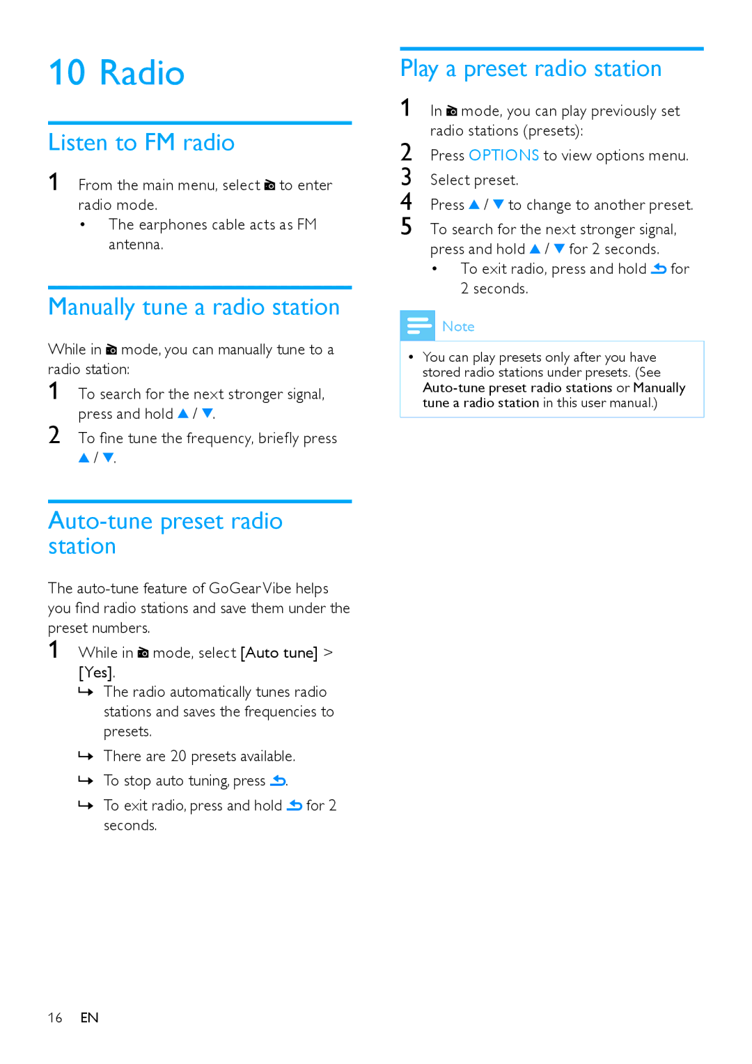 Philips SA1VBE04K user manual Radio, Listen to FM radio, Manually tune a radio station, Auto-tune preset radio station 