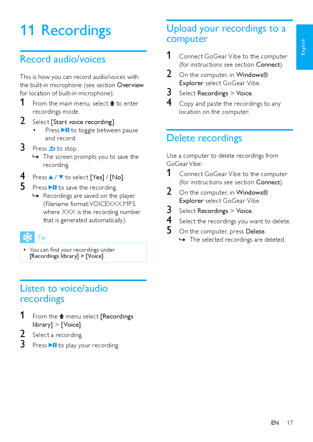 Philips SA1VBE04K user manual Recordings, Record audio/voices, Upload your recordings to a computer Delete recordings 