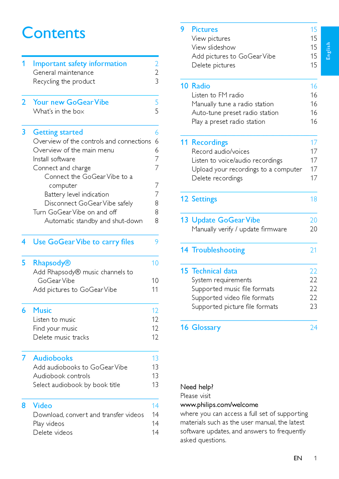 Philips SA1VBE04K user manual Contents 