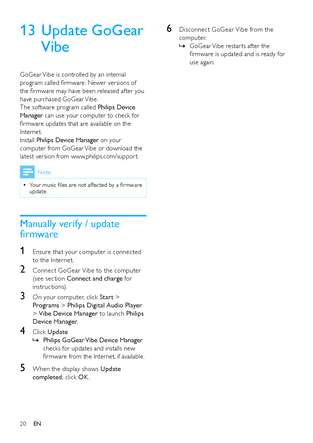 Philips SA1VBE04K user manual Update GoGear Vibe, Manually verify / update firmware 