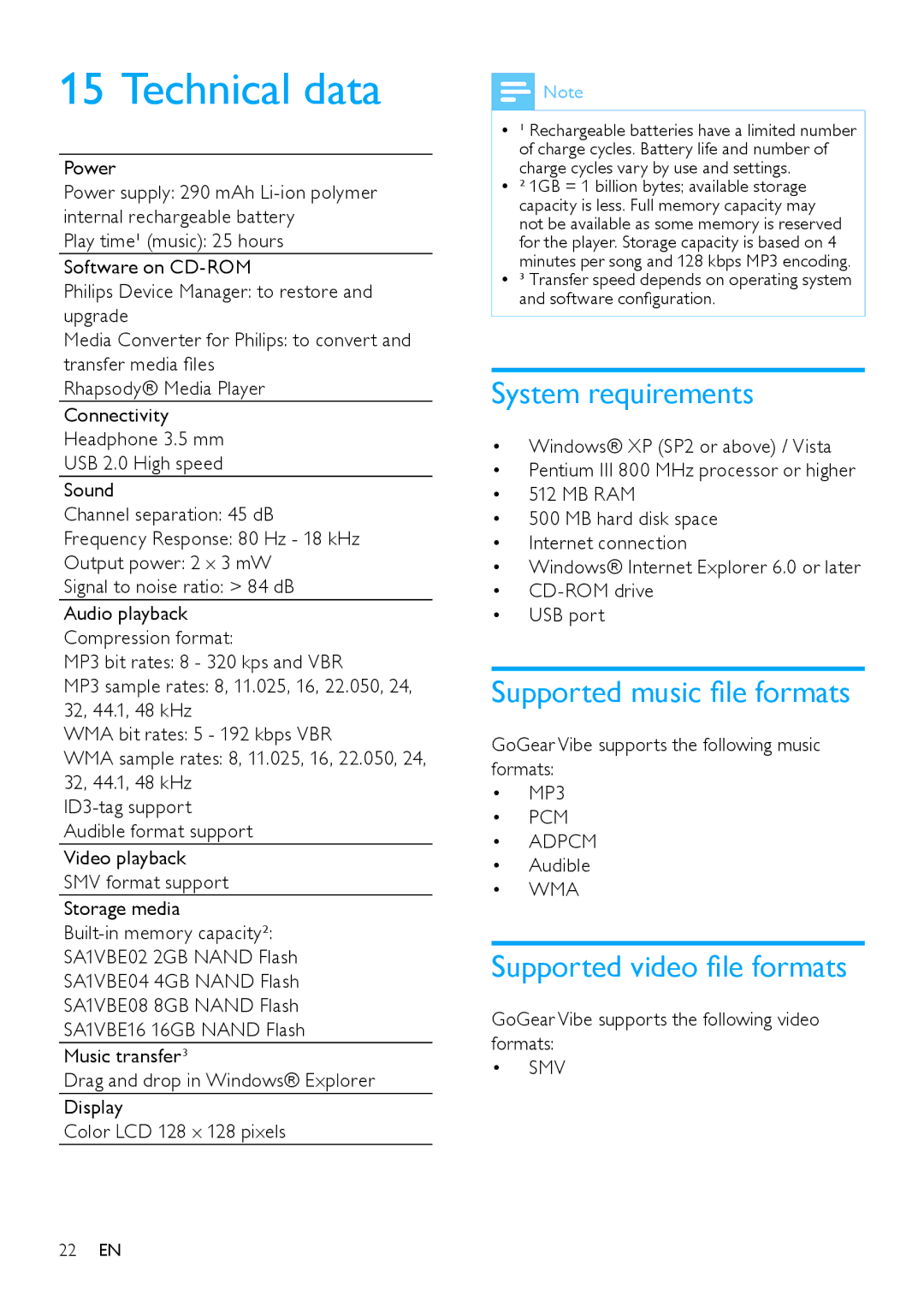 Philips SA1VBE04K Technical data, System requirements, Supported music file formats, Supported video file formats 