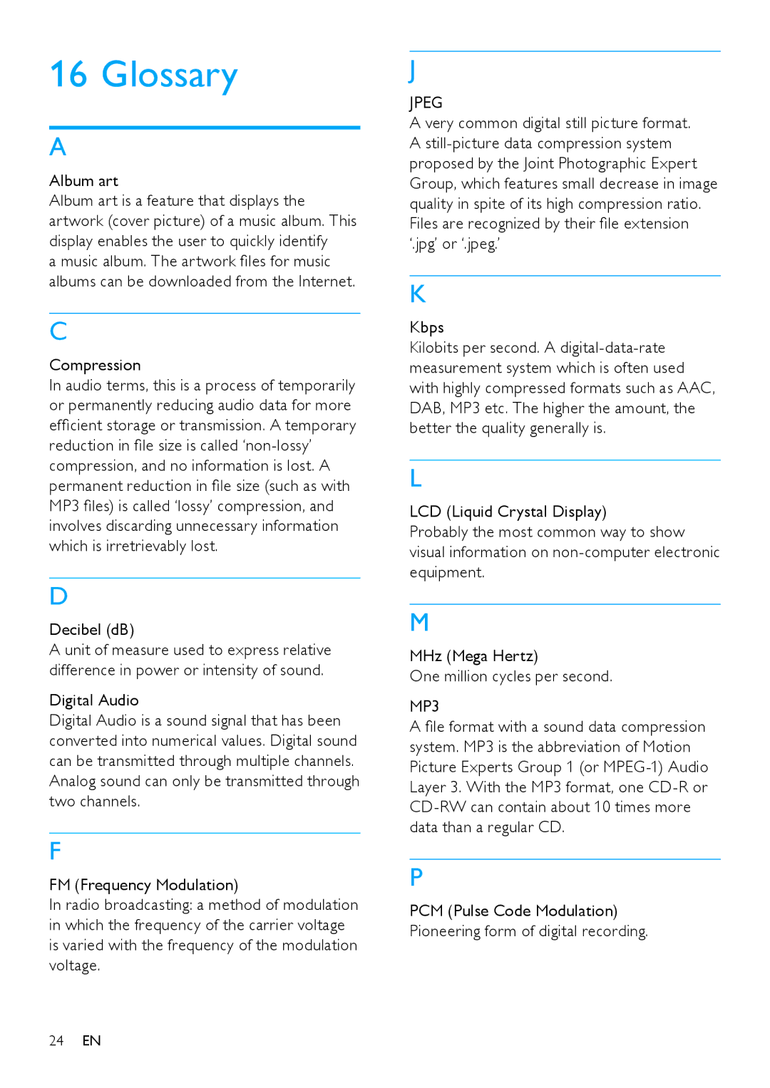 Philips SA1VBE04K user manual Glossary, Compression, Decibel dB, Very common digital still picture format 