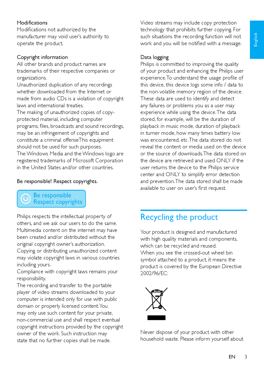 Philips SA1VBE04K user manual Recycling the product 