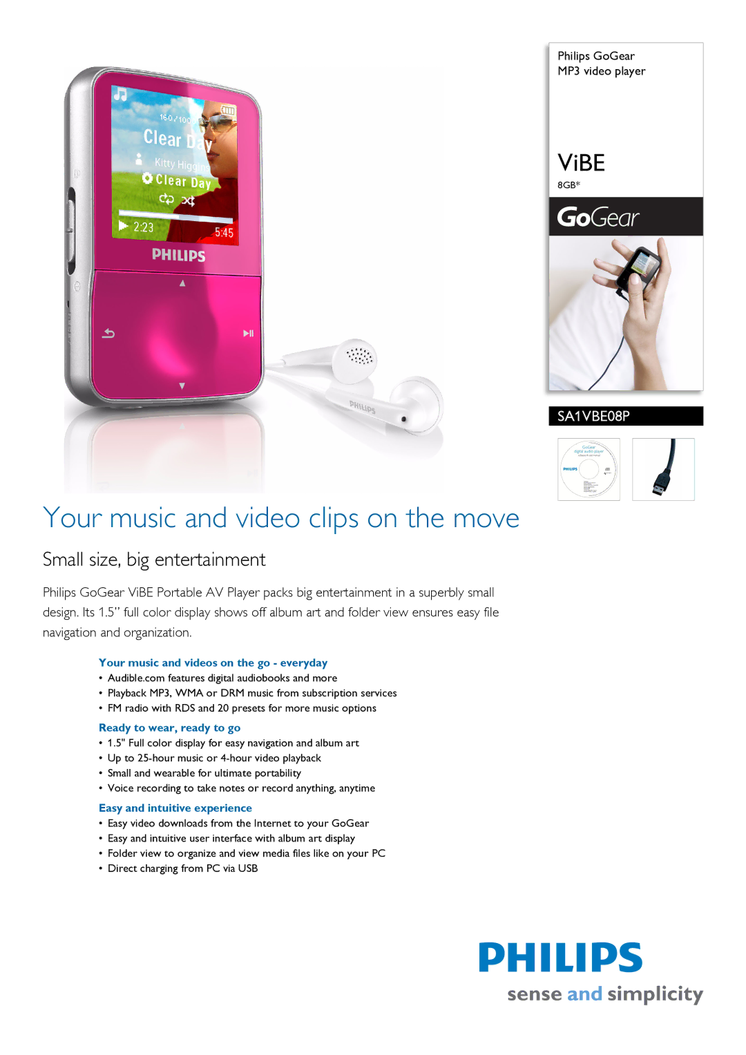 Philips SA1VBE08P manual Your music and videos on the go everyday, Ready to wear, ready to go 