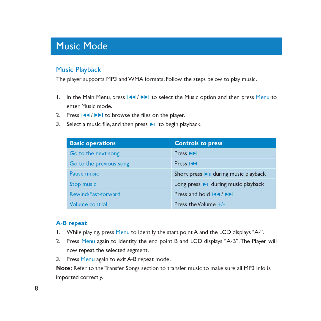 Philips SA2000 user manual Music Mode, Music Playback, Repeat 