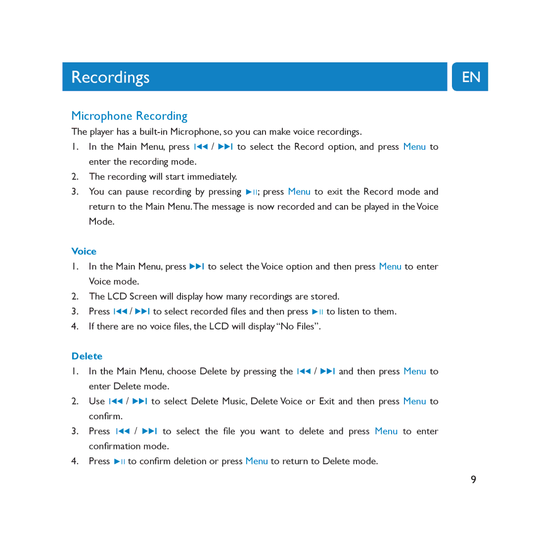 Philips SA2000 user manual Recordings, Microphone Recording, Voice, Delete 