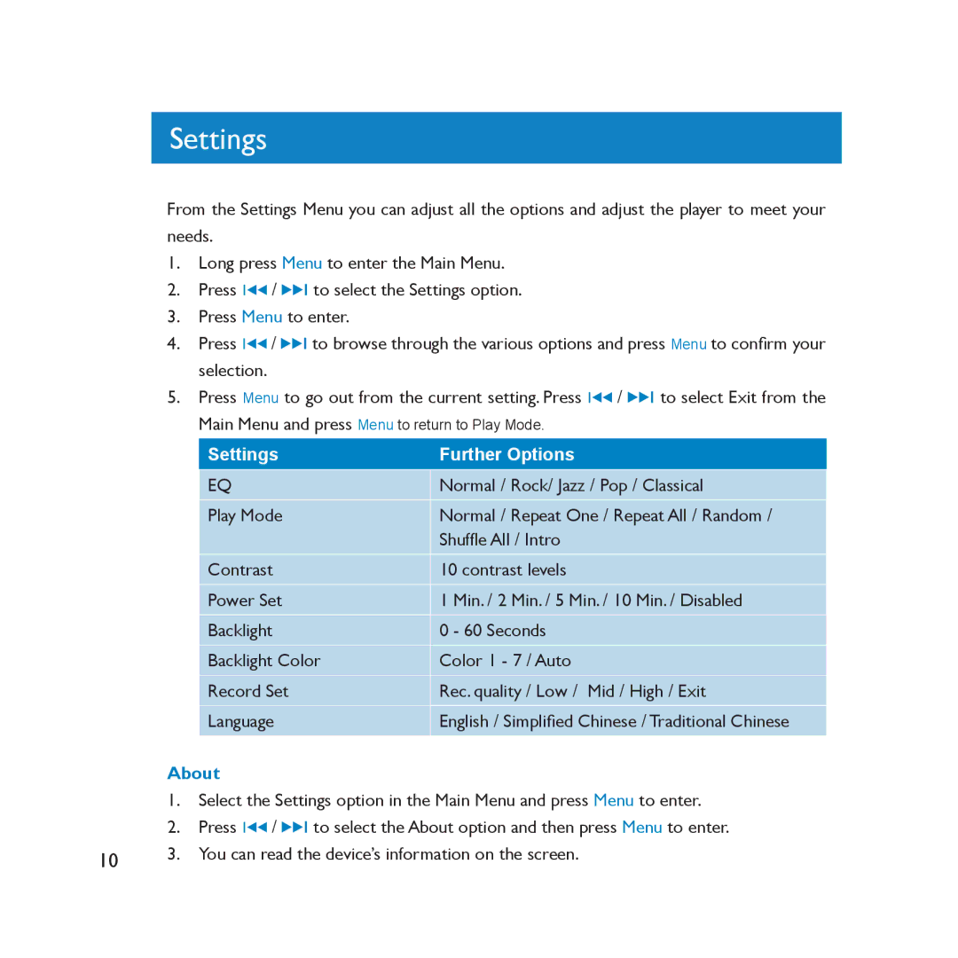 Philips SA2000 user manual Settings, About 