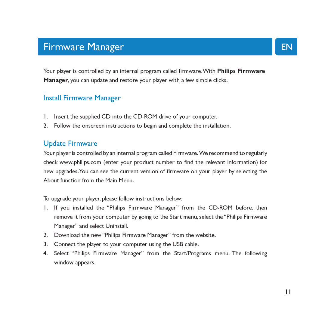 Philips SA2000 user manual Install Firmware Manager, Update Firmware 