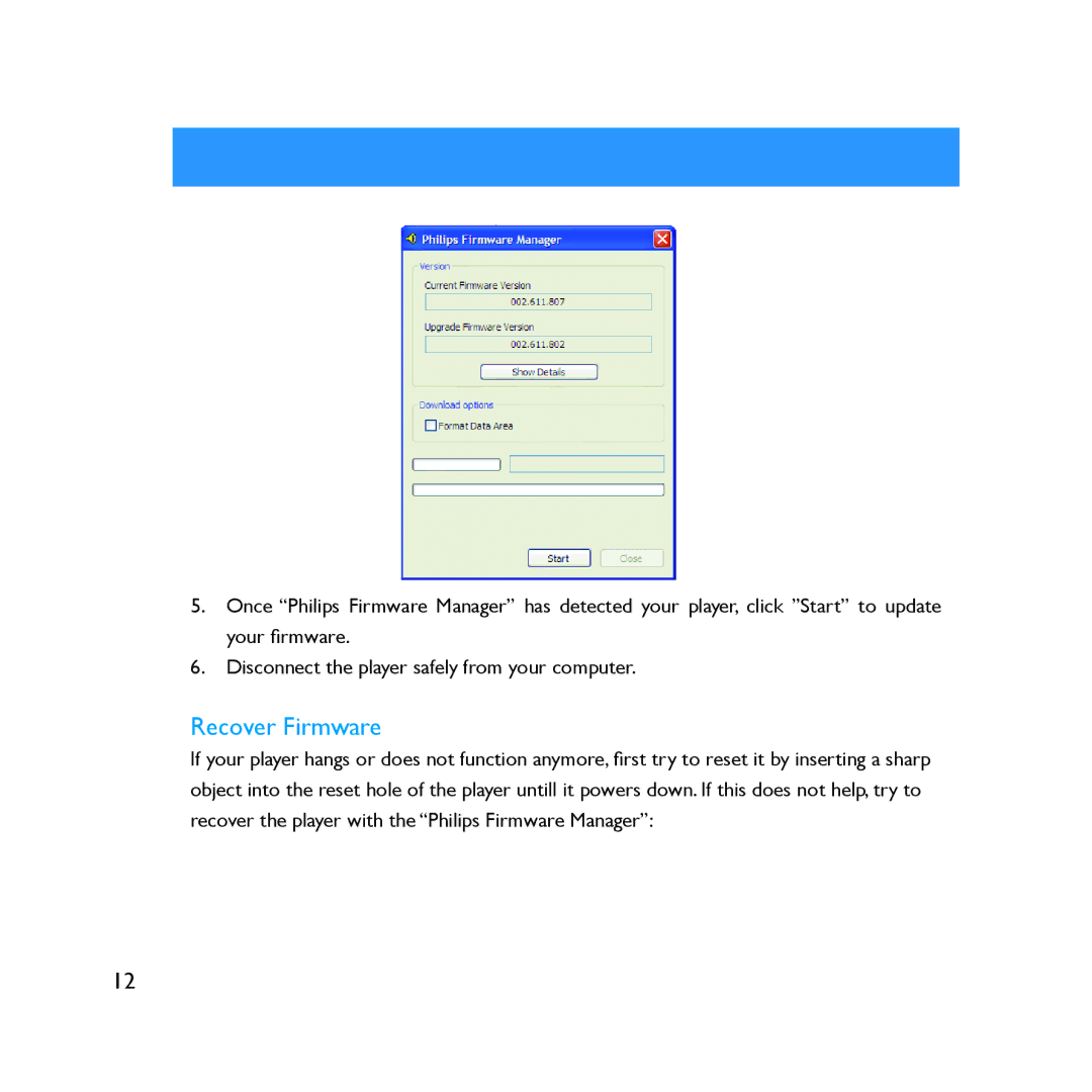 Philips SA2000 user manual Recover Firmware 