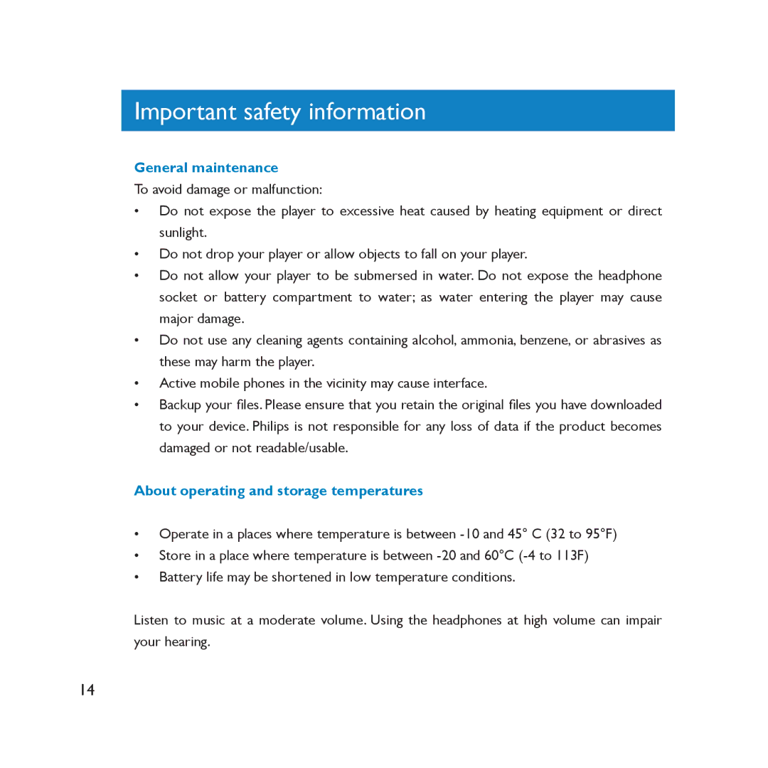 Philips SA2000 user manual Important safety information, General maintenance, About operating and storage temperatures 