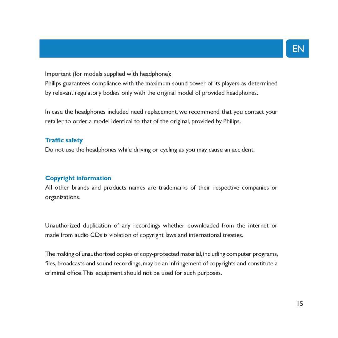 Philips SA2000 user manual Traffic safety, Copyright information 