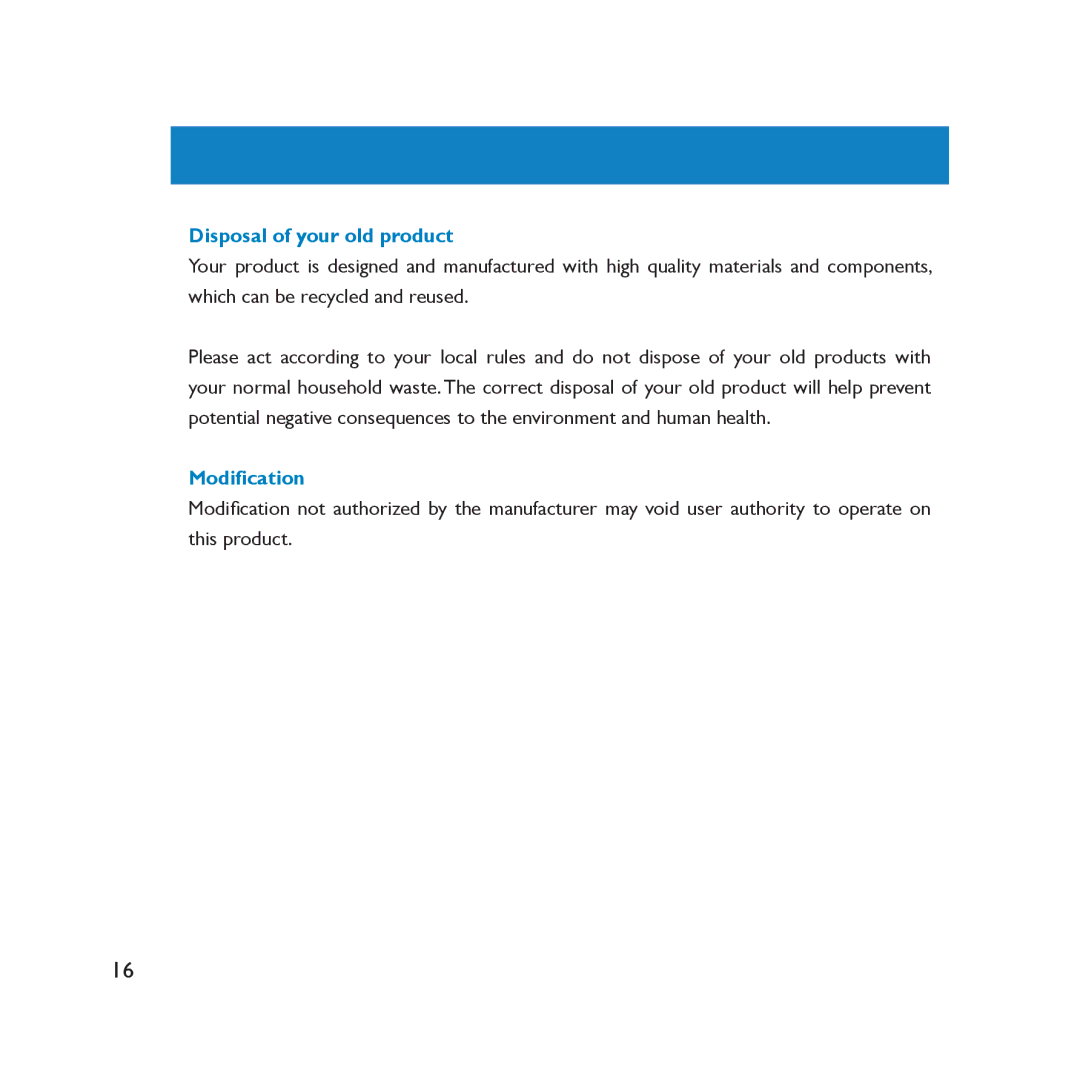 Philips SA2000 user manual Disposal of your old product, Modification 