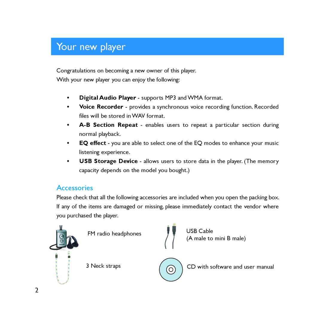 Philips SA2000 user manual Your new player, Accessories 