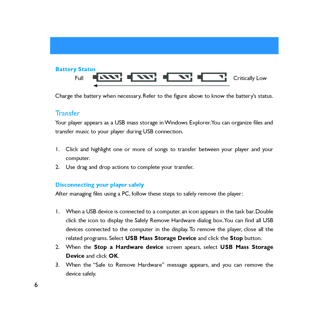 Philips SA2000 user manual Transfer, Battery Status, Disconnecting your player safely 