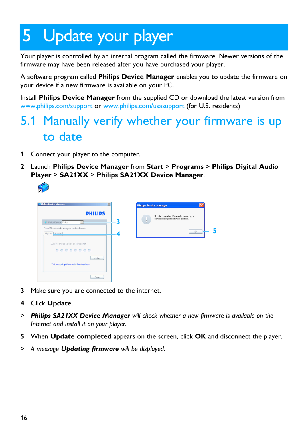 Philips SA2100 manual Update your player, Manually verify whether your firmware is up to date 