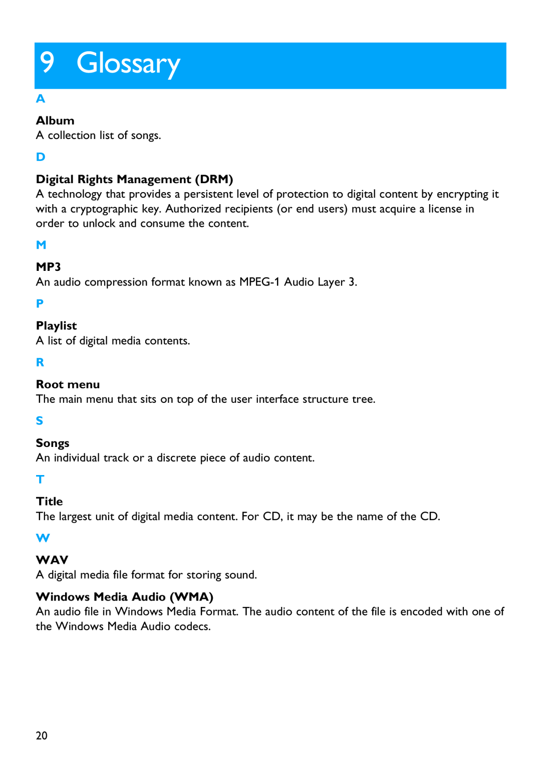 Philips SA2100 Glossary, Album, Digital Rights Management DRM, Playlist, Root menu, Songs, Title, Windows Media Audio WMA 