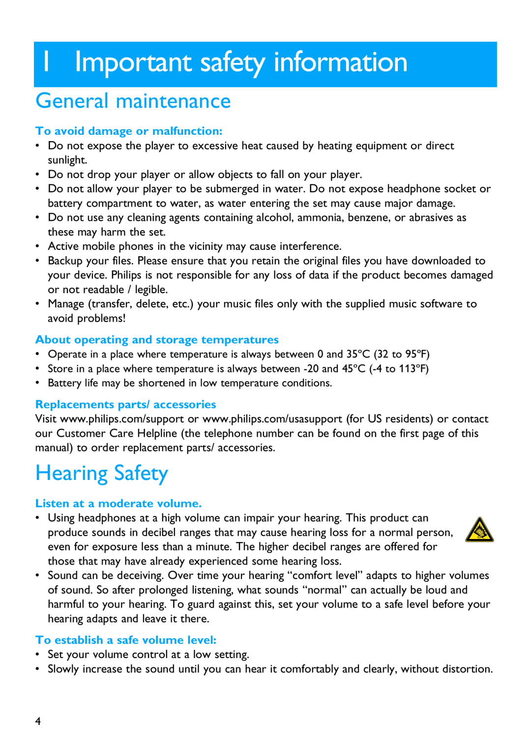 Philips SA2100 manual Important safety information, General maintenance, Hearing Safety, To avoid damage or malfunction 