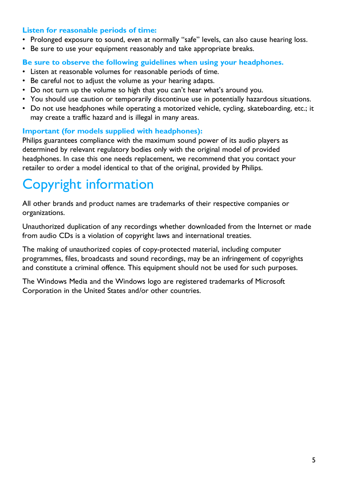 Philips SA2100 Copyright information, Listen for reasonable periods of time, Important for models supplied with headphones 