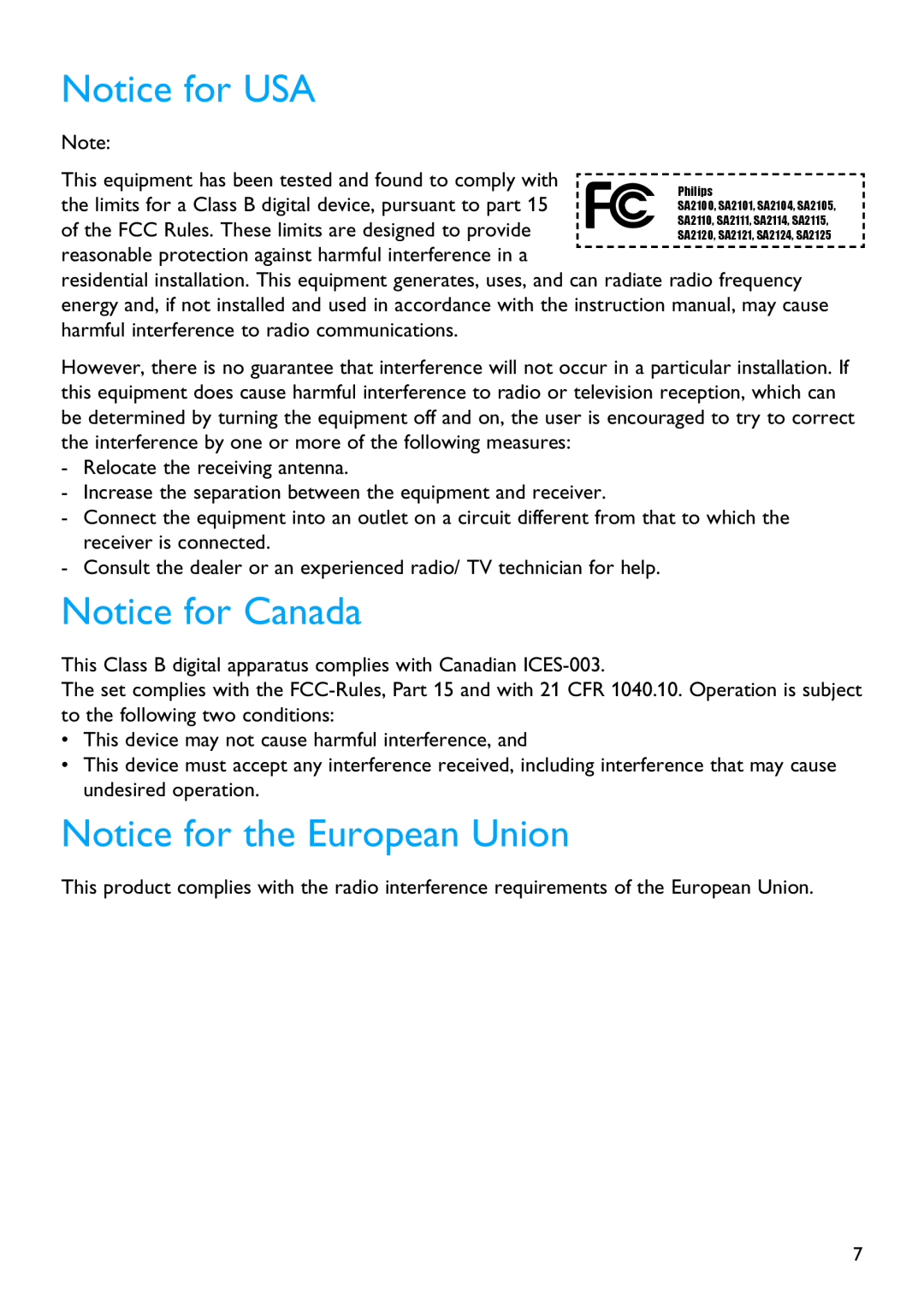 Philips SA2100 manual Notice for USA, Notice for Canada, Notice for the European Union 