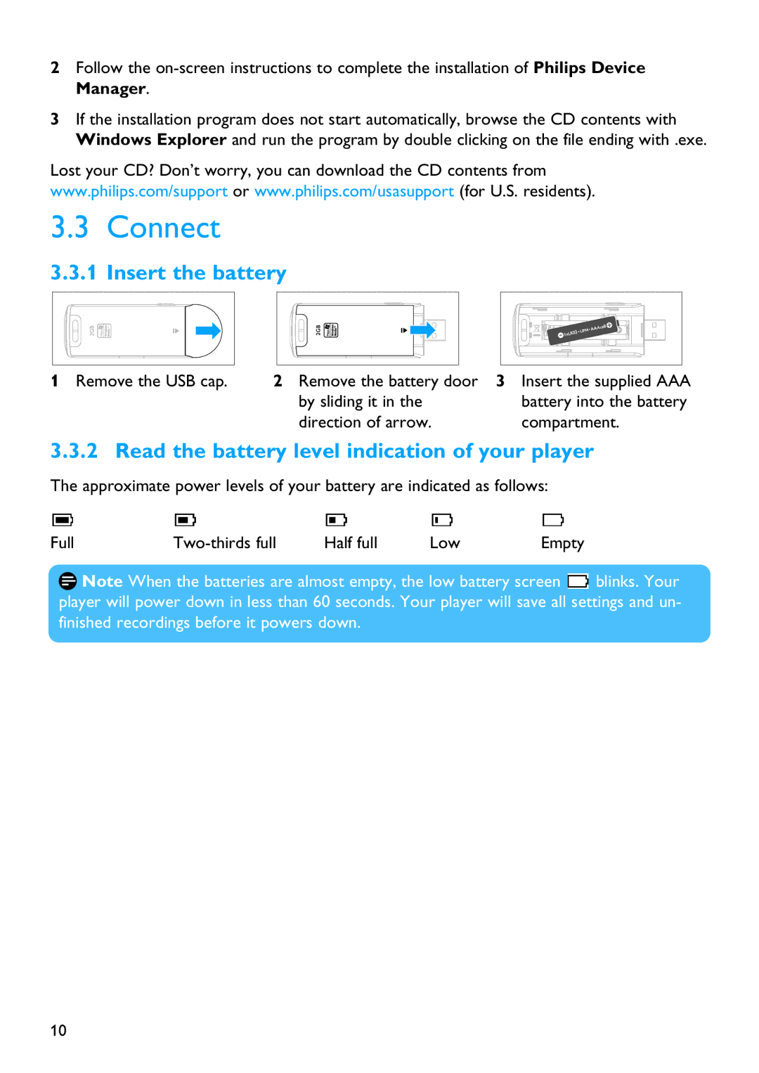 Philips SA2100 manual Connect, Insert the battery, Read the battery level indication of your player 