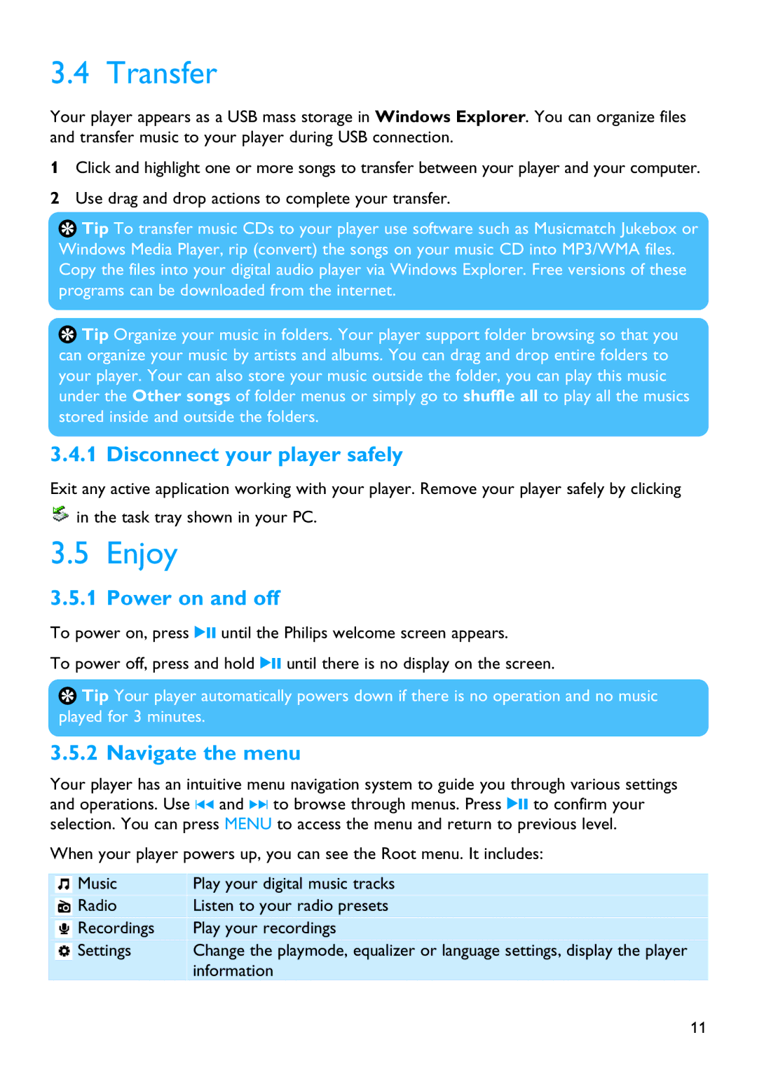 Philips SA2100 manual Transfer, Enjoy, Disconnect your player safely, Power on and off, Navigate the menu 