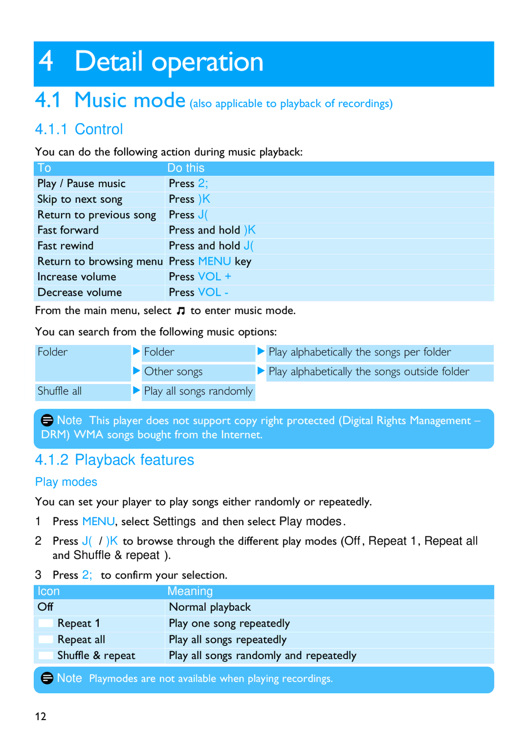 Philips SA2100 manual Detail operation, Control, Playback features, Play modes 