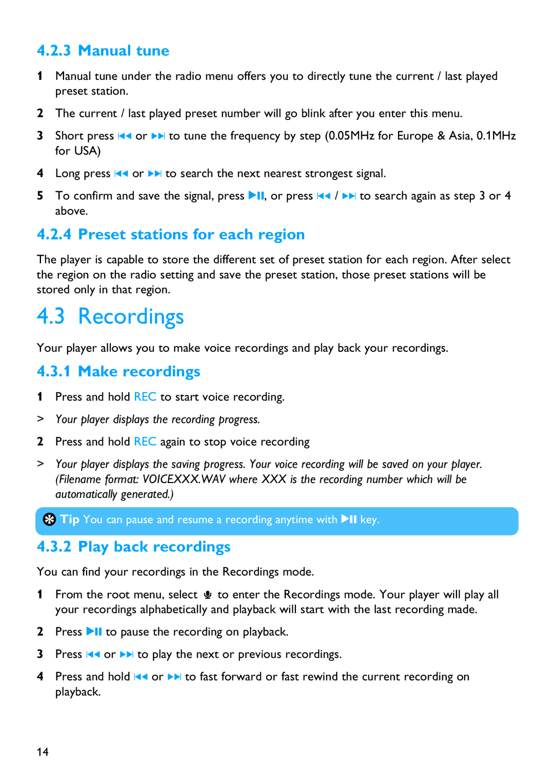 Philips SA2100 manual Recordings, Manual tune, Preset stations for each region, Make recordings, Play back recordings 