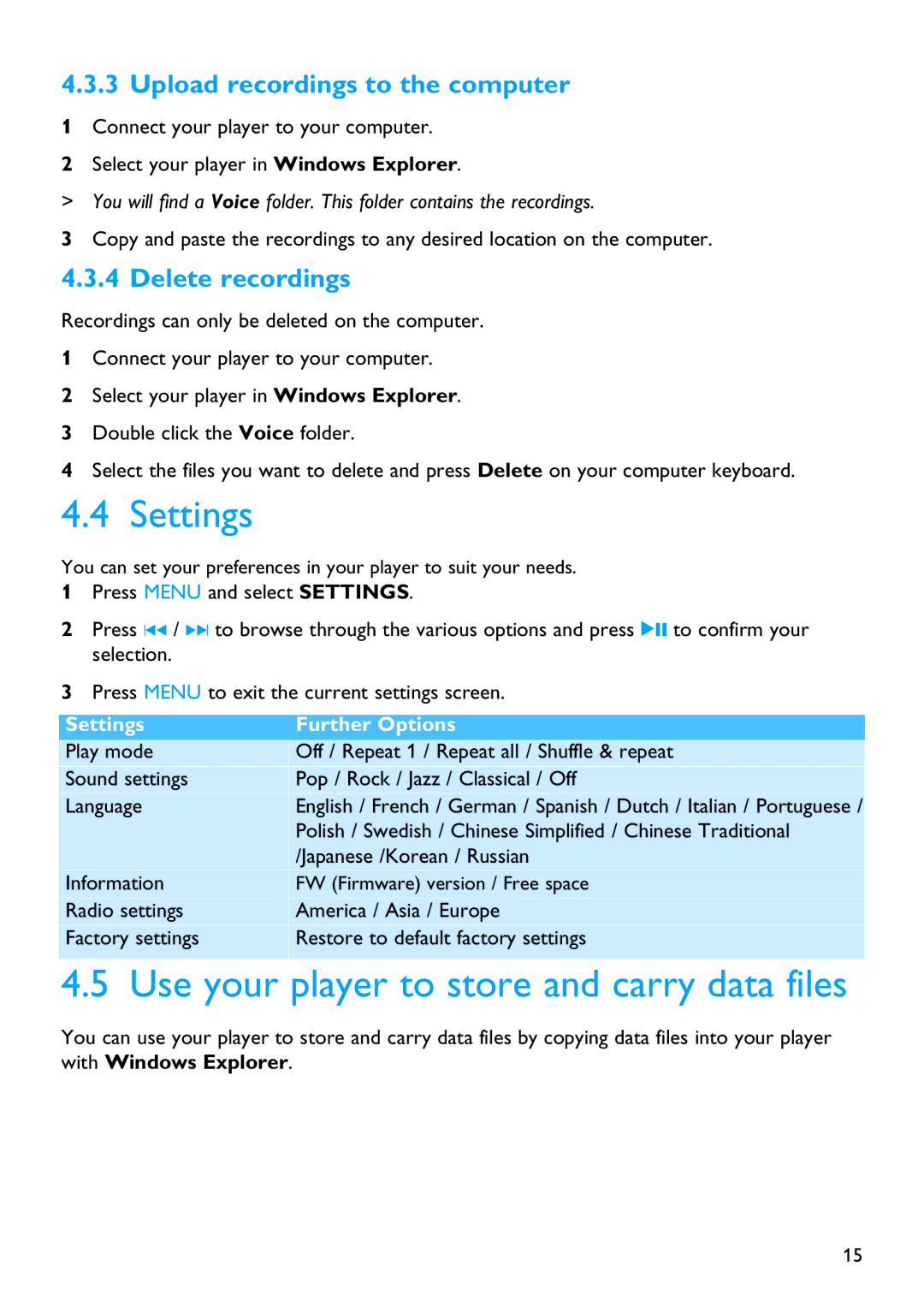 Philips SA2100 manual Settings, Use your player to store and carry data files, Upload recordings to the computer 