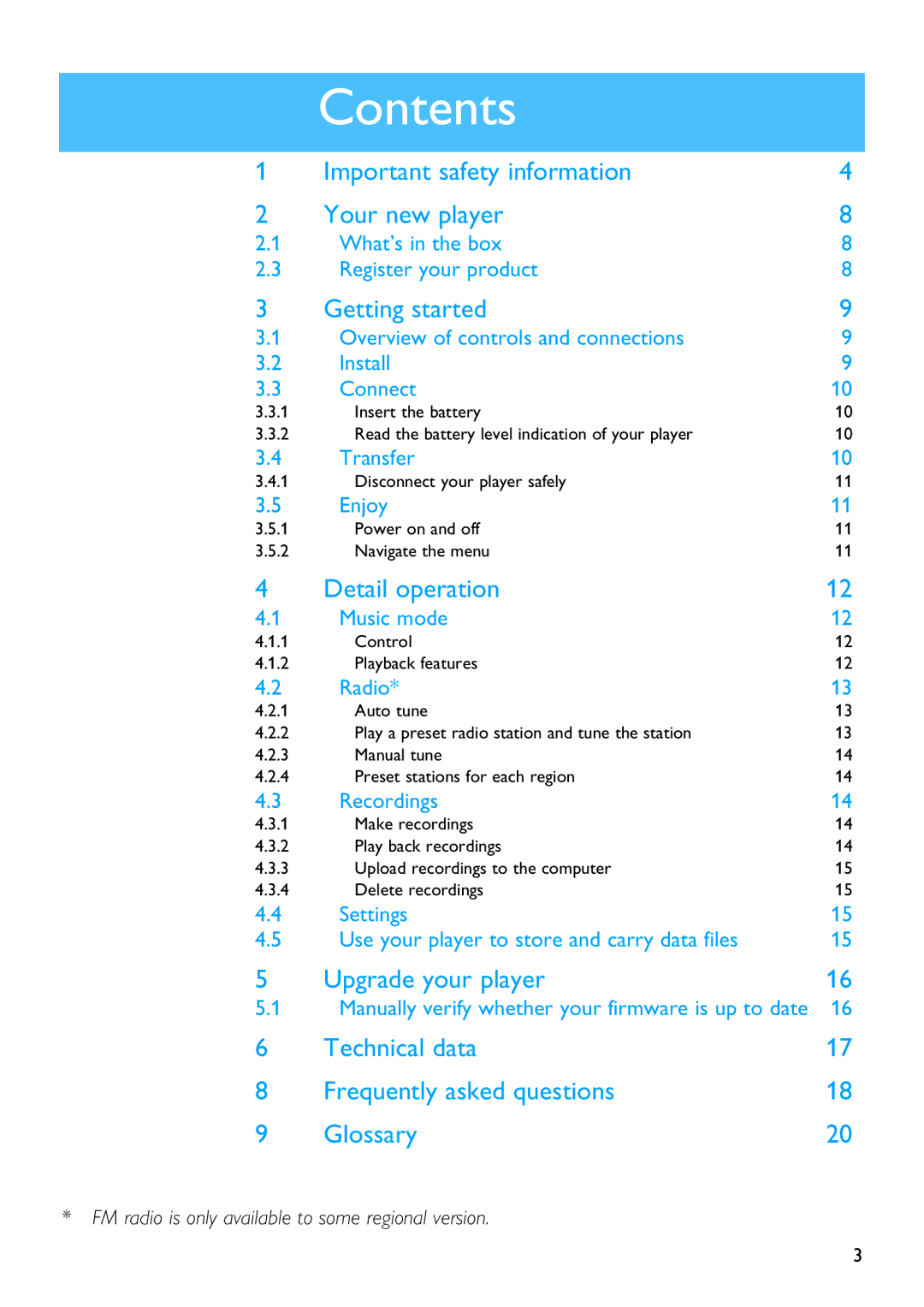 Philips SA2100 manual Contents 