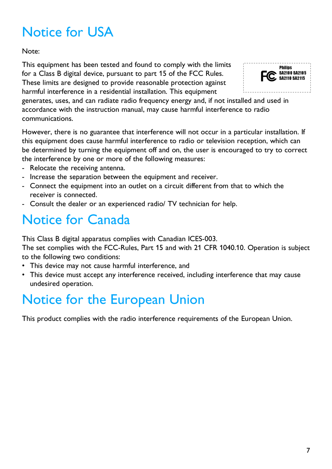 Philips SA2104, SA2124, SA2105, SA2101, SA2121, SA2114, SA2111 Notice for USA, Notice for Canada, Notice for the European Union 