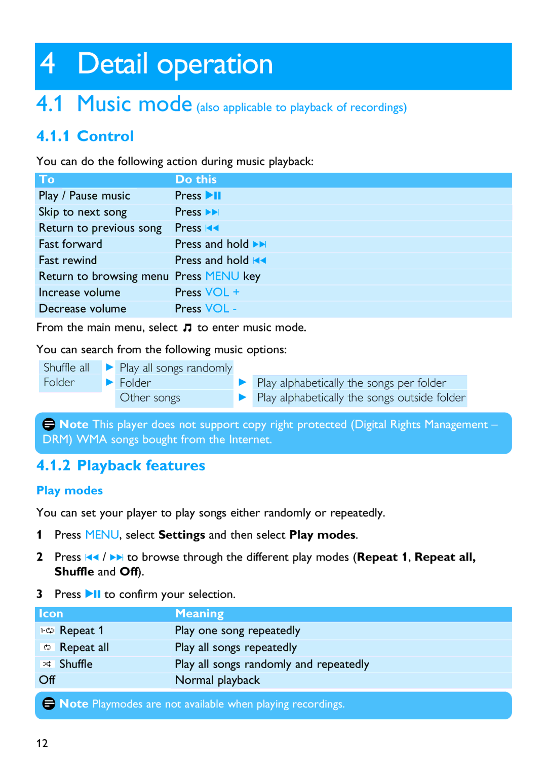 Philips SA2114, SA2104, SA2124, SA2105, SA2101, SA2121, SA2111 manual Detail operation, Control, Playback features, Play modes 