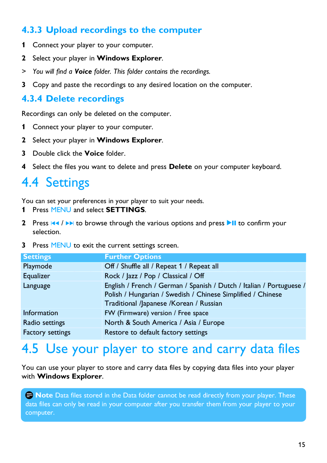 Philips SA2124, SA2104, SA2105 Settings, Use your player to store and carry data files, Upload recordings to the computer 