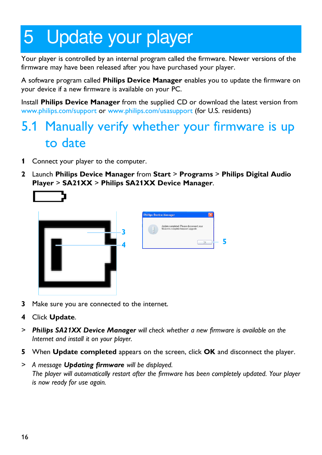 Philips SA2105, SA2104, SA2124, SA2101, SA2121, SA2114 Update your player, Manually verify whether your firmware is up to date 