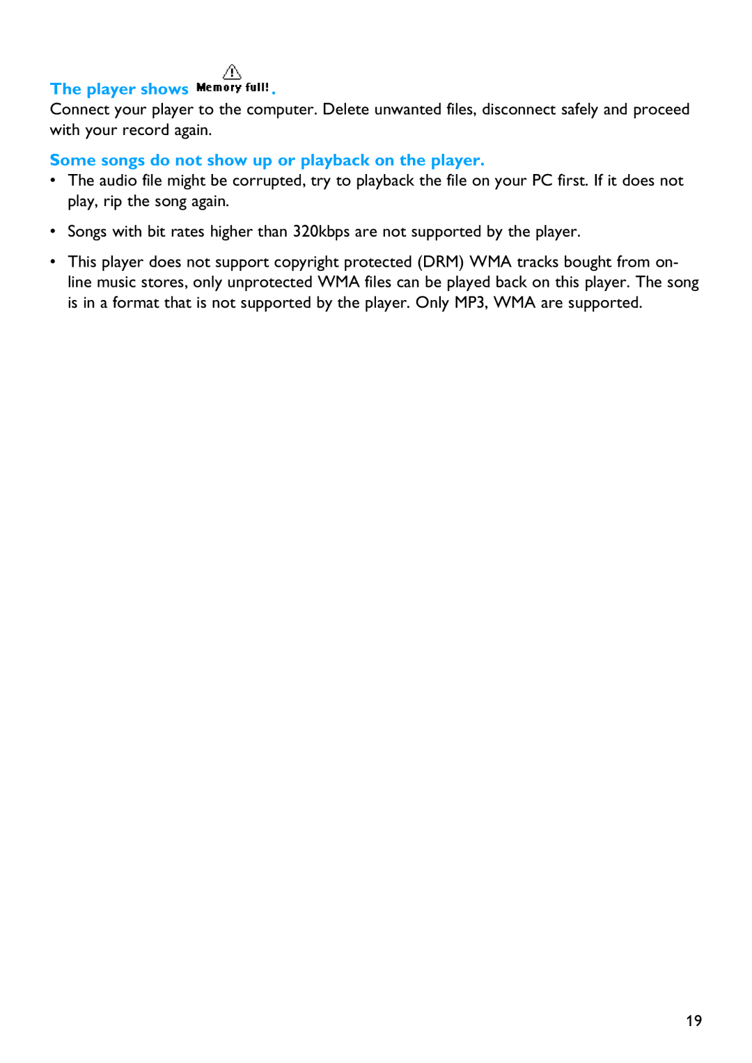 Philips SA2114, SA2104, SA2124, SA2105, SA2101, SA2121 manual Player shows, Some songs do not show up or playback on the player 