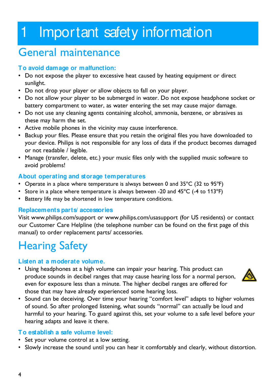 Philips SA2121, SA2104, SA2124, SA2105, SA2101, SA2114 manual Important safety information, General maintenance, Hearing Safety 