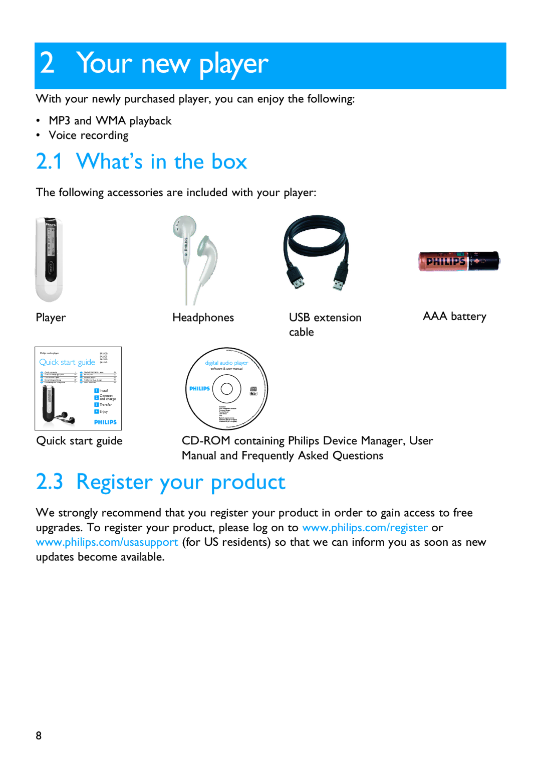 Philips SA2124, SA2104, SA2105, SA2101, SA2121, SA2114, SA2111 manual Your new player, What’s in the box, Register your product 