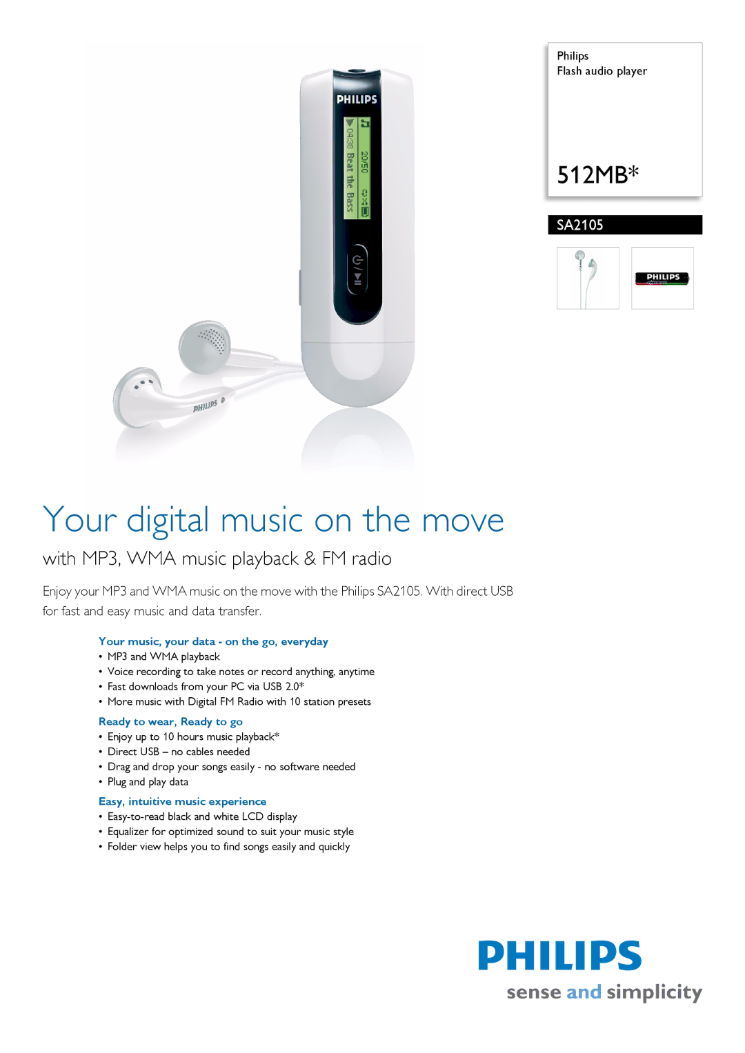 Philips SA2105/02 manual Your music, your data on the go, everyday, Ready to wear, Ready to go 