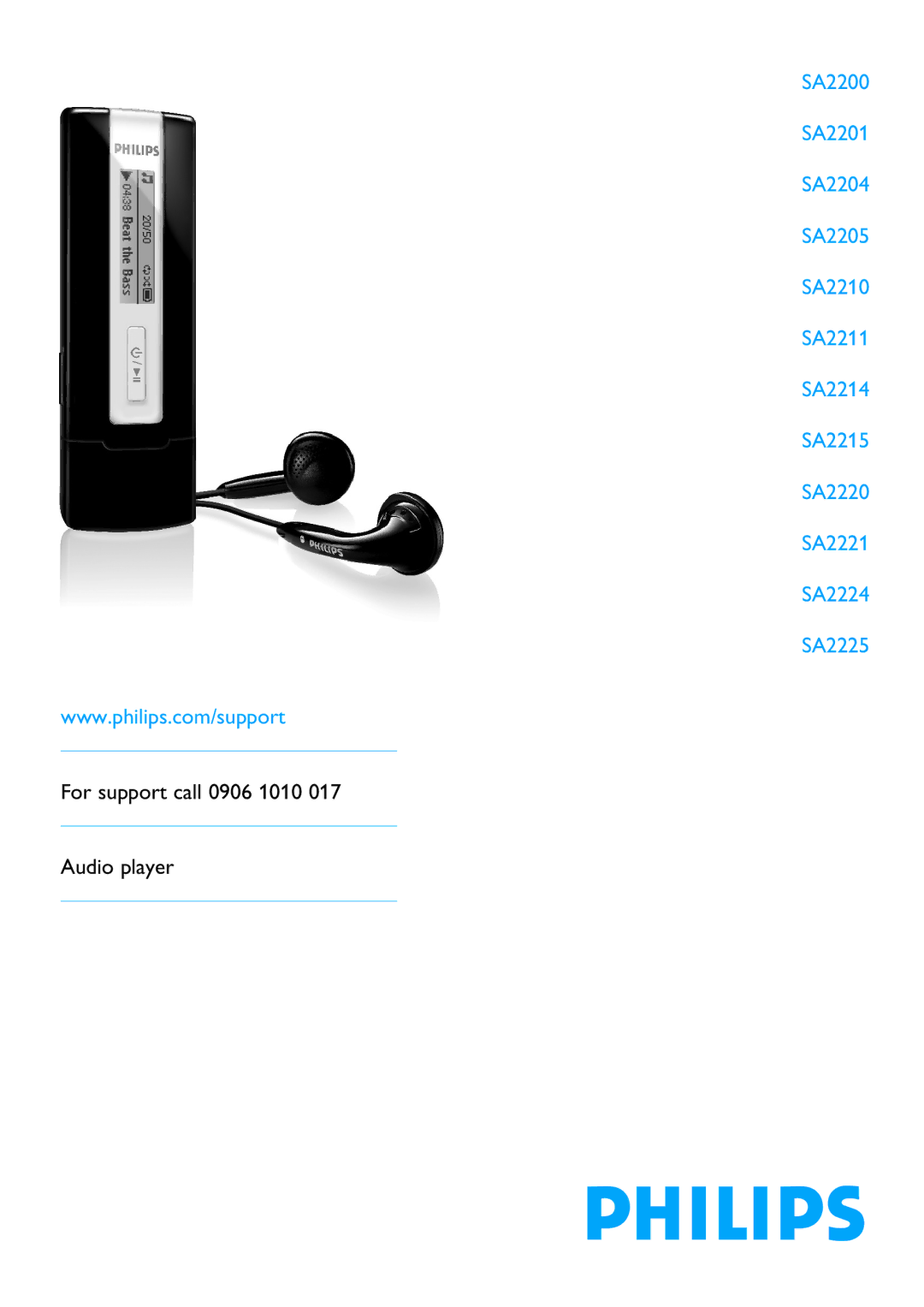 Philips SA2200 manual For support call 0906 1010 Audio player 