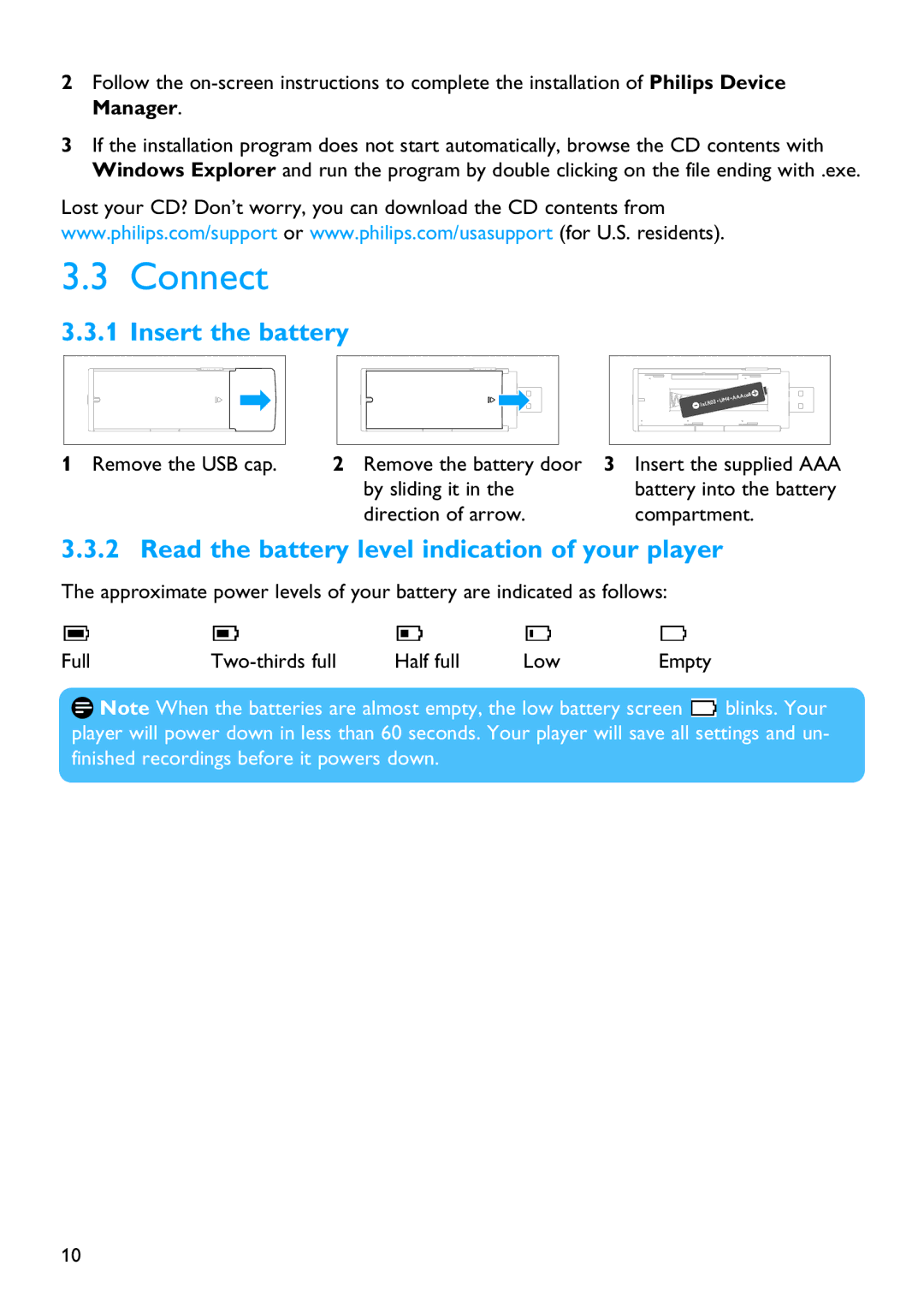 Philips SA2200 manual Connect, Insert the battery, Read the battery level indication of your player 