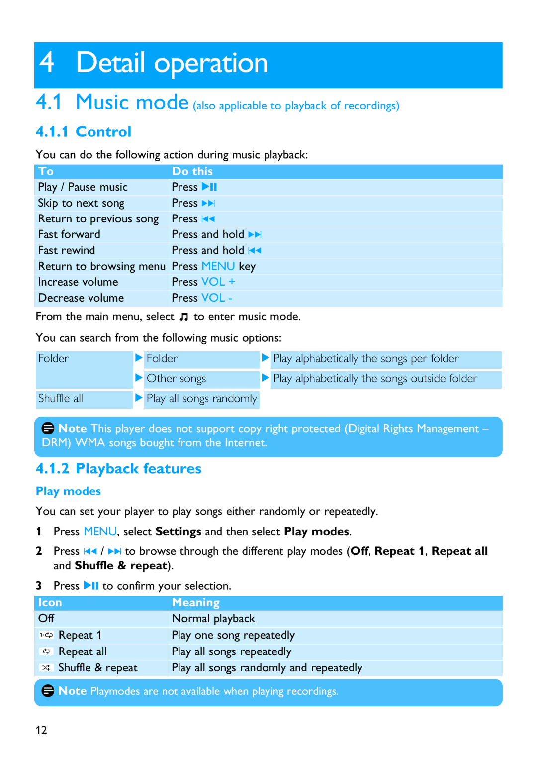 Philips SA2200 manual Detail operation, Control, Playback features, Play modes 