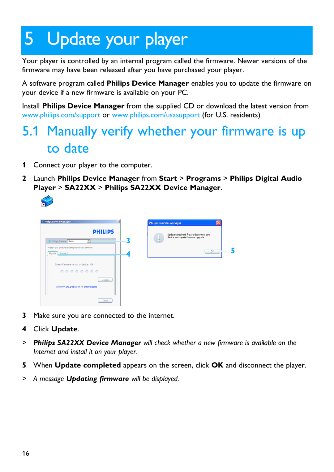 Philips SA2200 manual Update your player, Manually verify whether your firmware is up to date 