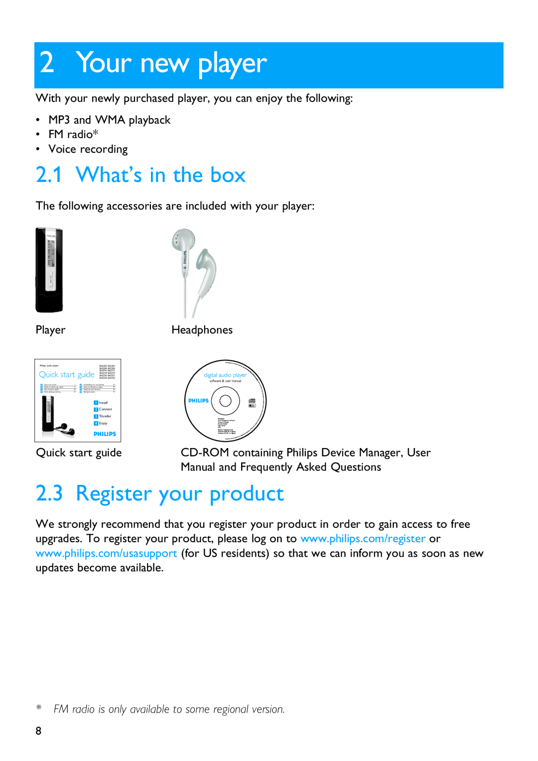 Philips SA2200 manual Your new player, What’s in the box, Register your product 